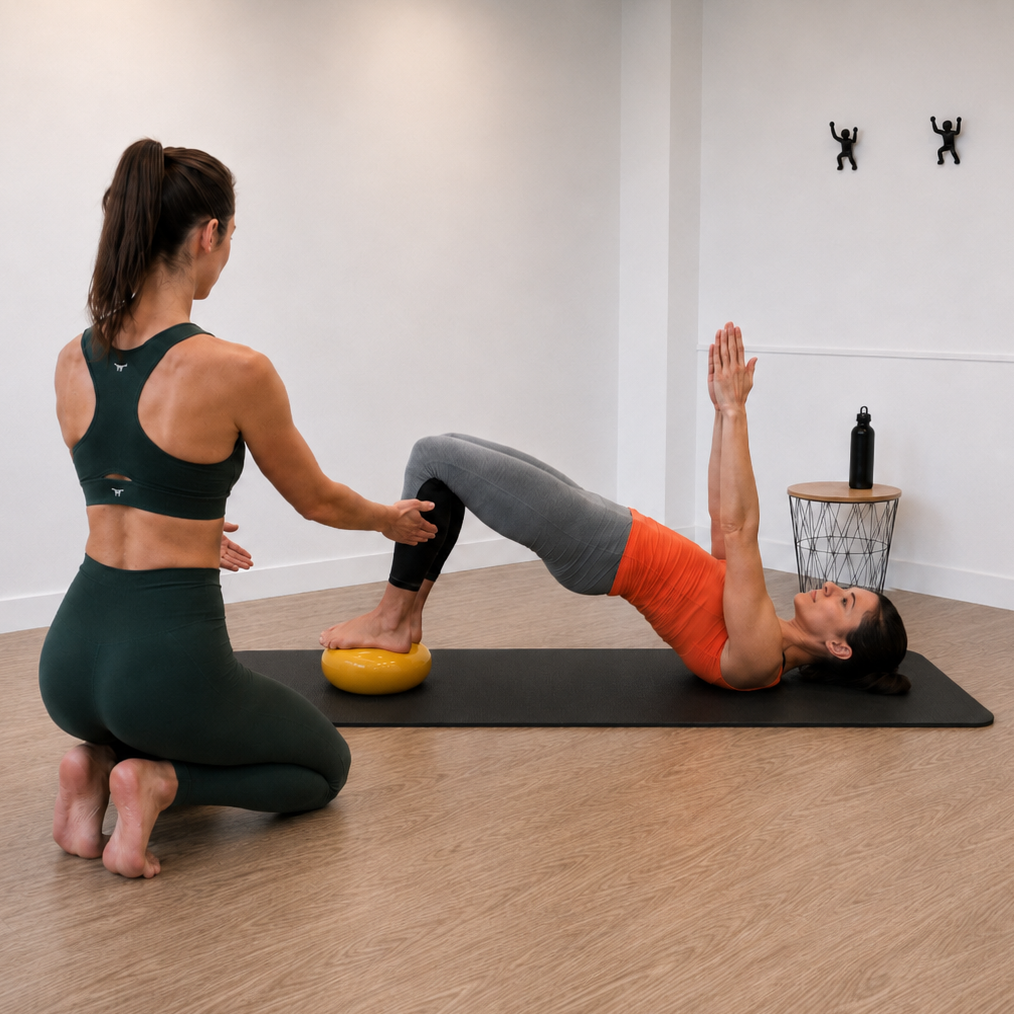 Exercice de Pilates avec ballon Exercice de Pilates avec ballon encadré par GROSJEAN Clementine kinésithérapeute à Mauguio