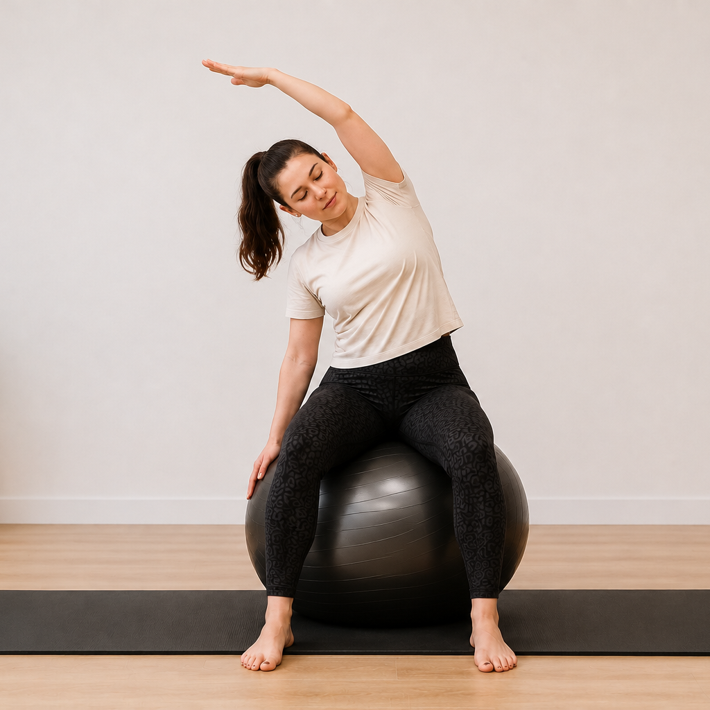 Exercice de Pilates avec ballon Exercice de Pilates avec ballon encadré par une kinésithérapeute à Mauguio